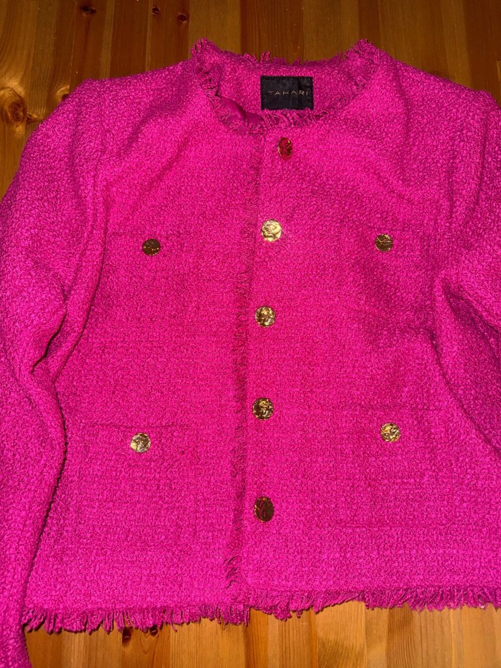 Tahari Pink Tweed Blazer Jacket - Gold Button Detail - L/XL